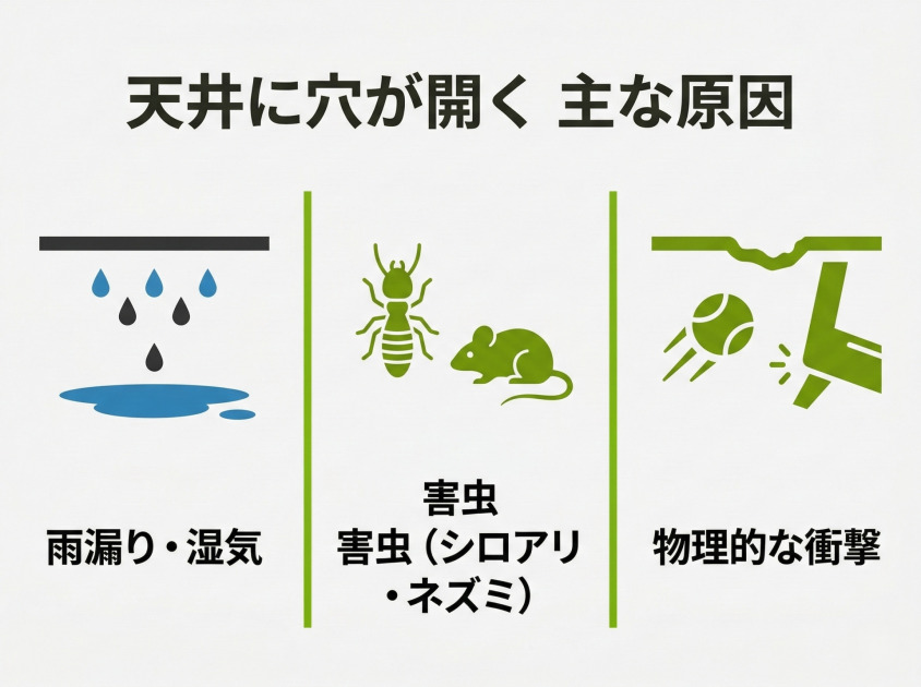 天井に穴が開く主な原因（雨漏り・害虫・物理的衝撃）