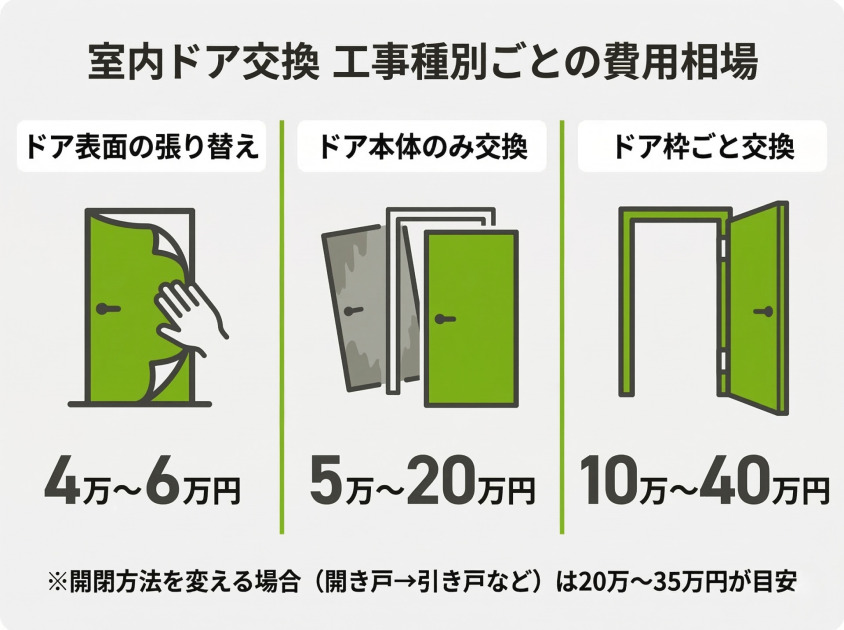 室内ドア交換の工事種別ごとの費用相場を示したインフォグラフィック