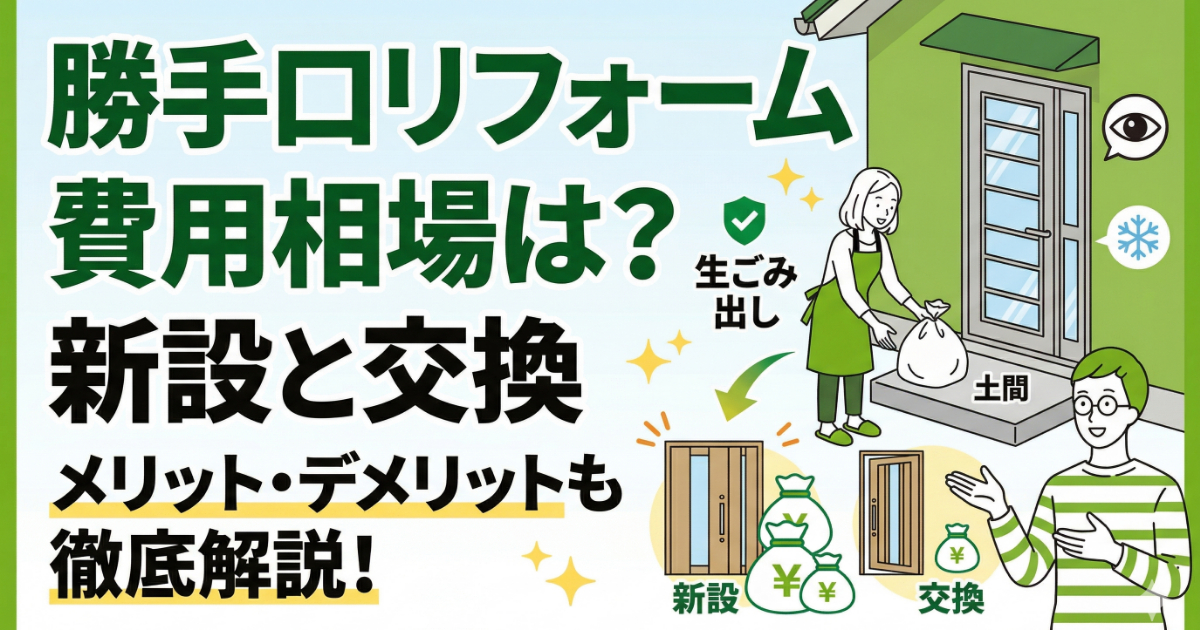 勝手口リフォームの費用相場に関するアイキャッチ。大きなテキストで「勝手口リフォーム 費用相場は？」、下に「新設と交換 メリット・デメリットも徹底解説！」とある。イラストは、ゴミ出しをする女性と、新設（多額の金袋）と交換（少額の金袋）のドアを比較する男性。防犯・断熱アイコン付き。緑色基調。
