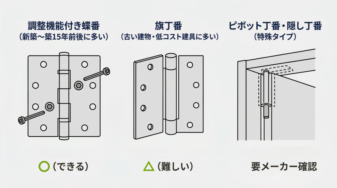 調整機能付き蝶番・旗丁番・ピボット丁番の外見と自分で調整できるかどうかを比較した図解