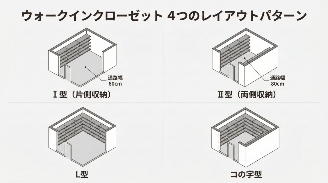 ウォークインクローゼット4つのレイアウトパターン(Ⅰ型・Ⅱ型・L型・コの字型)を立体図で比較したイラスト。Ⅰ型は通路幅60cm、Ⅱ型は通路幅80cmの目安を表示。