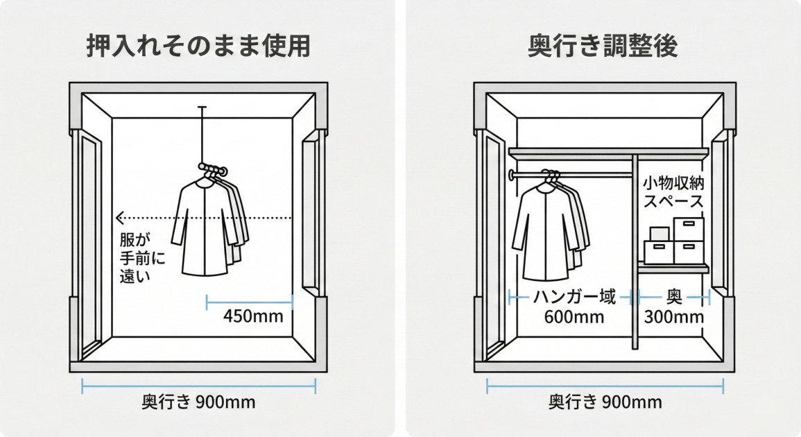 押入れをクローゼットとして使う場合の奥行き比較図。左「押入れそのまま使用」は奥行き900mmでハンガーが450mm奥に位置し服が手前に遠い状態。右「奥行き調整後」はハンガー域600mm+奥の小物収納スペース300mmに分けて使いやすく改善した状態。