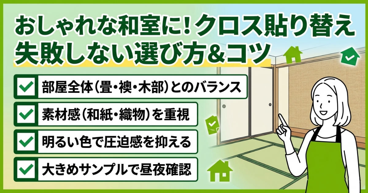 おしゃれな和室にするためのクロス貼り替え：失敗しない選び方とコツを解説するイラスト。部屋全体（畳・襖・木部）とのバランス、素材感（和紙・織物）を重視、明るい色で圧迫感を抑える、大きめサンプルで昼夜確認、の4つのポイントを記載。和室を背景に、女性スタッフのイラストが説明している