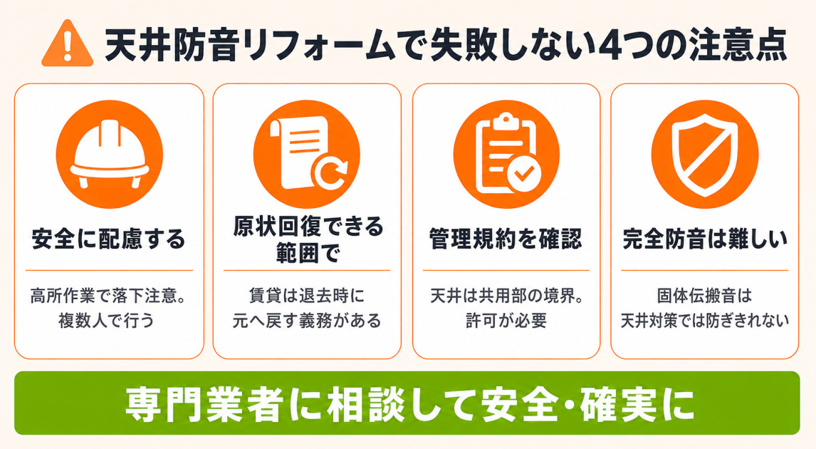 集合住宅の天井の防音リフォームで失敗を避ける4つの注意点。安全配慮・原状回復・管理規約確認・固体伝搬音は完全には防げない点を解説する警告インフォグラフィック。