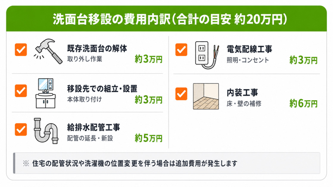 洗面台と洗濯機の位置を変える費用の内訳図。解体3万円・設置3万円・配管5万円・電気3万円・内装6万円で合計約20万円が相場であることを示す。