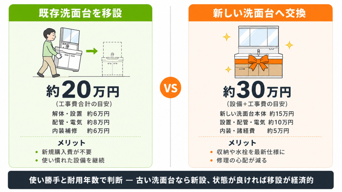 洗面台と洗濯機の位置を変える費用の比較図。既存洗面台を移設すると約20万円、新しい洗面台へ交換すると設備込みで約30万円。