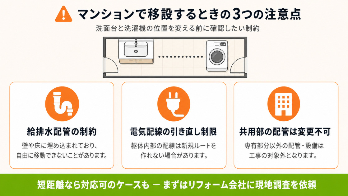 マンションで洗面台と洗濯機の位置を変える際の3つの注意点。給排水配管の制約、電気配線の引き直し制限、共用部配管の変更不可を解説。