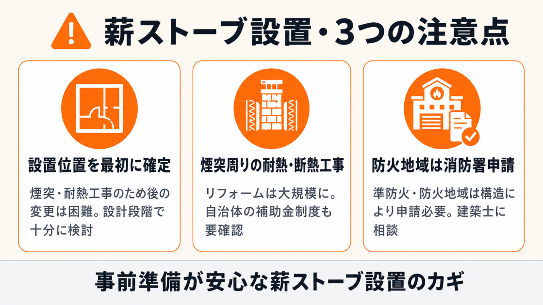 薪ストーブのリフォーム費用前に確認したい設置時の3つの注意点。設置位置の事前決定、煙突周辺の耐熱・断熱工事、防火地域での消防署申請を解説するインフォグラフィック。