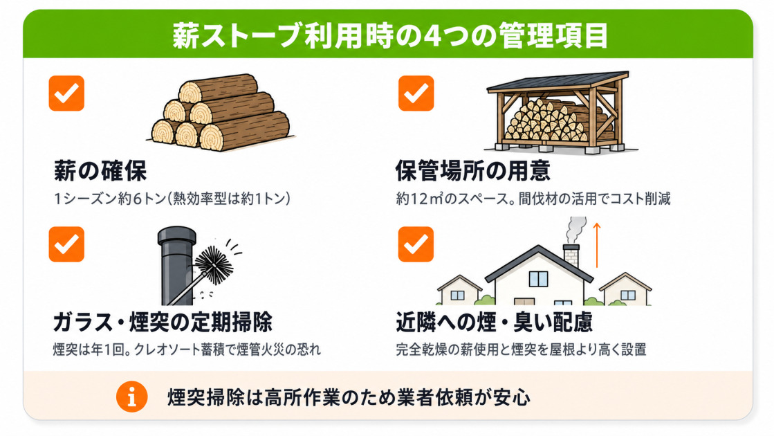 薪ストーブのリフォーム後に必要な4つの管理項目。1シーズン約6トンの薪確保、約12㎡の保管場所、ガラス面と煙突の定期掃除(年1回)、近隣への煙・臭い配慮を一覧化したチェックリスト。