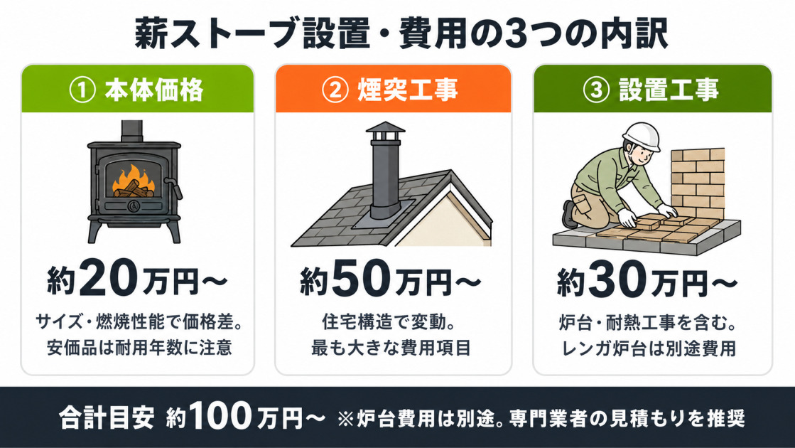 薪ストーブのリフォーム費用内訳。本体約20万円〜、煙突工事約50万円〜、設置工事約30万円〜の3項目を解説。合計目安は約100万円〜で炉台費用は別途必要。