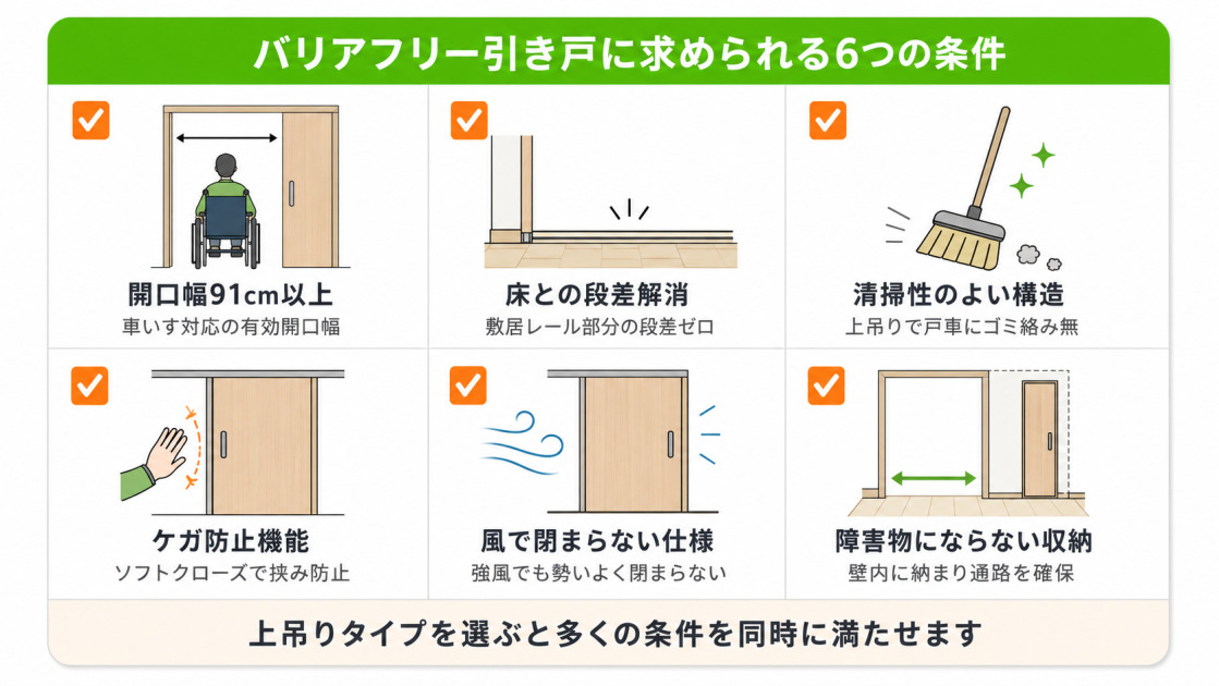 バリアフリー引き戸に求められる6つの条件。開口幅91cm以上、床段差解消、清掃性、ケガ防止、風対策、障害物にならない収納をチェックリスト形式で整理。