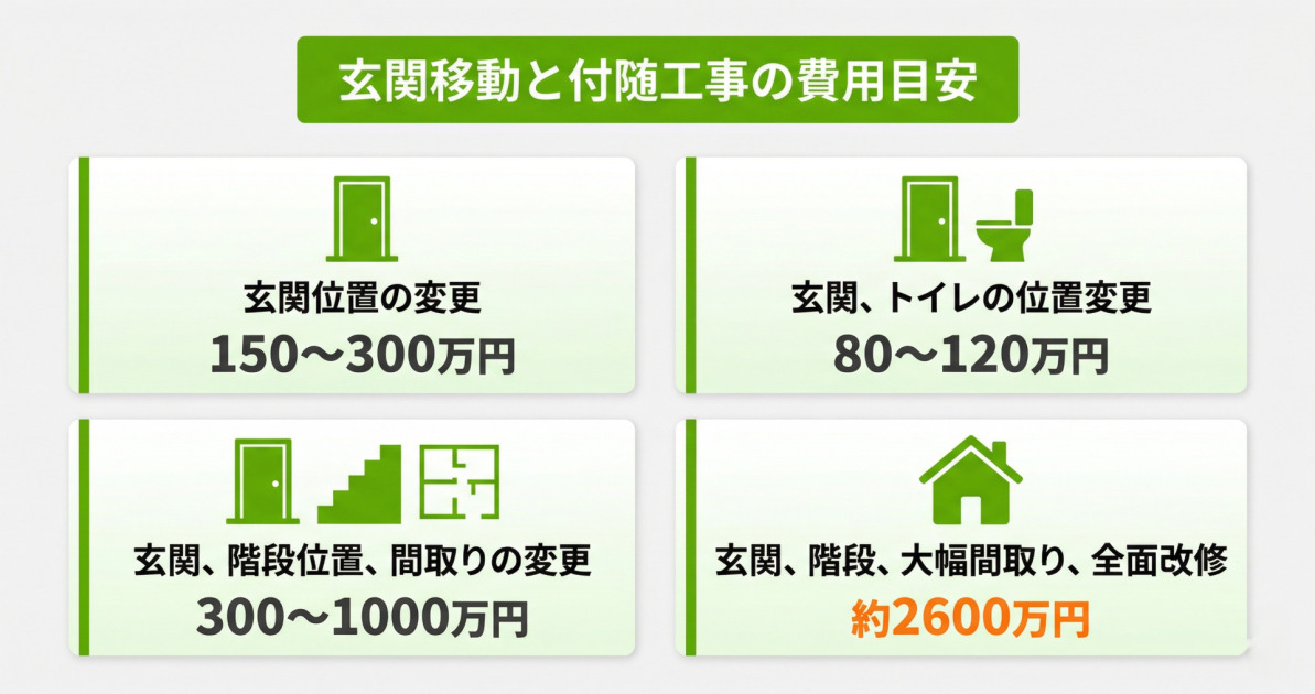 玄関リフォームの費用相場を、玄関のみ移動、トイレ移動、階段・間取り変更、全面改修の4パターンで比較する図解。各パターンの工事内容と費用目安がピクトグラムとテキストで示されている。