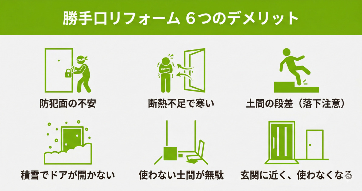 勝手口リフォームの6つのデメリットを図解しています。防犯面の不安、断熱不足による寒さ、土間の段差での落下注意、積雪でドアが開かないリスク、使わなくなった際の土間の無駄、玄関に近く使わなくなる可能性を挙げています。