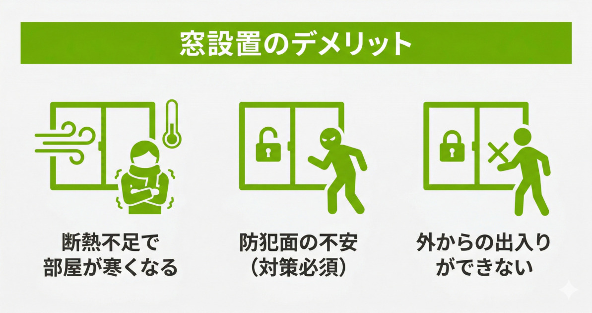 勝手口ではなく窓を設置する際の3つのデメリット（断熱不足で部屋が寒くなる、対策必須の防犯面の不安、外からの出入りができない）を図解しています。用途に合わせて窓の性能や防犯対策を検討する必要があります。