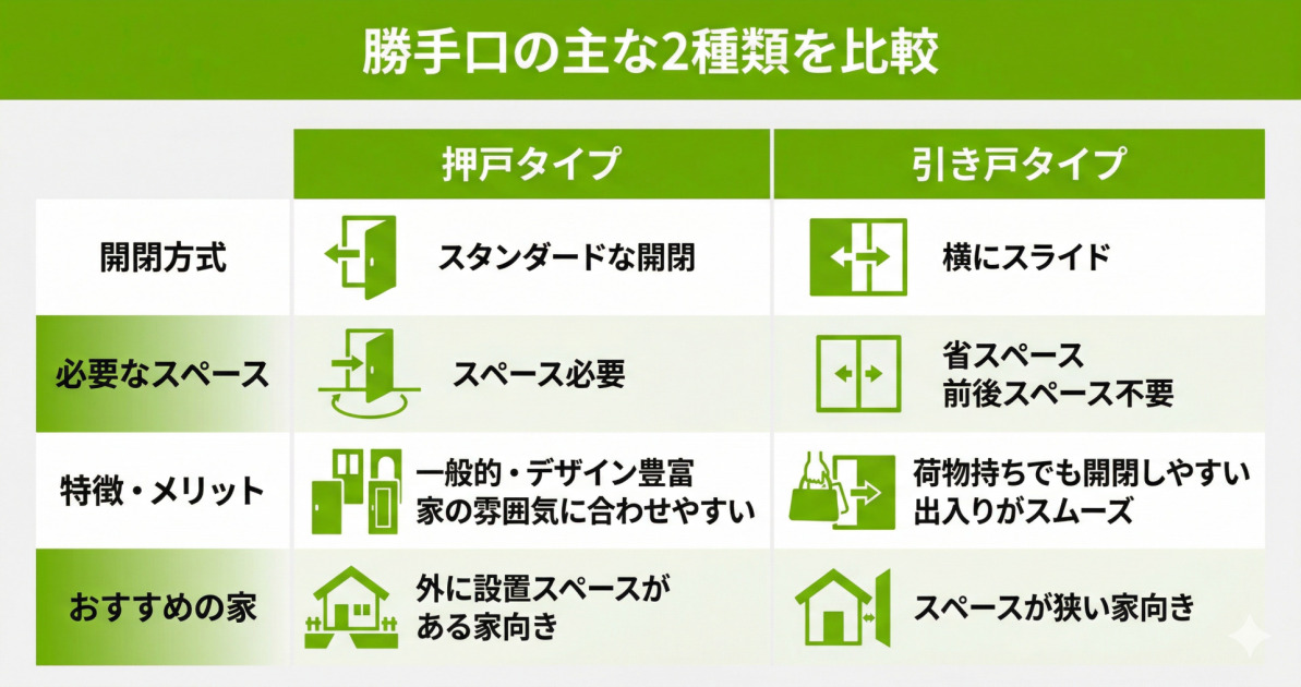 勝手口の主な2種類（押戸タイプ・引き戸タイプ）の比較表です。開閉方式、必要なスペース、特徴・メリット、おすすめの家の条件を分かりやすく整理しています。設置場所の広さや使い勝手に合わせたドア選びの参考にしてください。