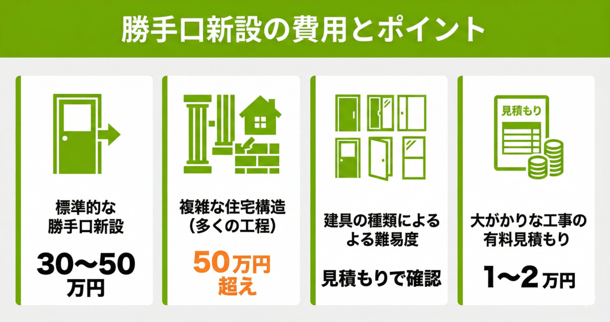 勝手口を新設する際にかかる費用相場とポイントの図解です。標準的な工事は30〜50万円ですが、複雑な構造だと50万円を超える場合もあります。建具の種類による難易度の違いや、有料見積もりについてもまとめています。
