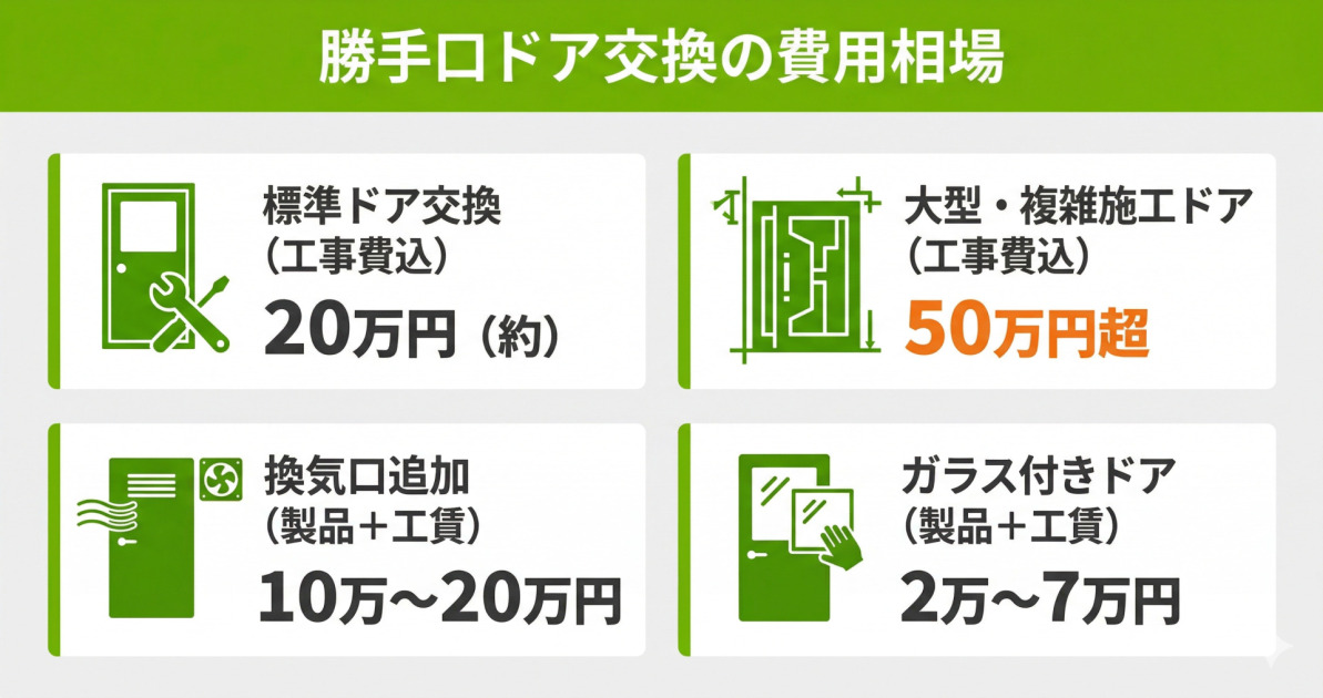 勝手口のドア交換にかかる費用相場の図解です。標準的なドア交換は約20万円、大型や複雑な施工は50万円超、換気口追加は10万〜20万円、ガラス付きドアへの交換は2万〜7万円が目安となることを分かりやすく解説しています。