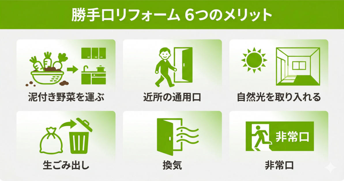 勝手口リフォームの6つのメリット（泥付き野菜を運ぶ、近所の通用口、自然光を取り入れる、生ごみ出し、換気、非常口）を図解しています。キッチン周りの利便性向上や、採光・換気による快適な空間づくりに役立ちます。