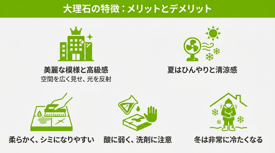大理石のメリットとデメリットを図解。高級感や夏の清涼感といった魅力の反面、柔らかくシミになりやすい、酸に弱く洗剤に注意が必要、冬は非常に冷たいといった注意点をピクトグラムで解説。