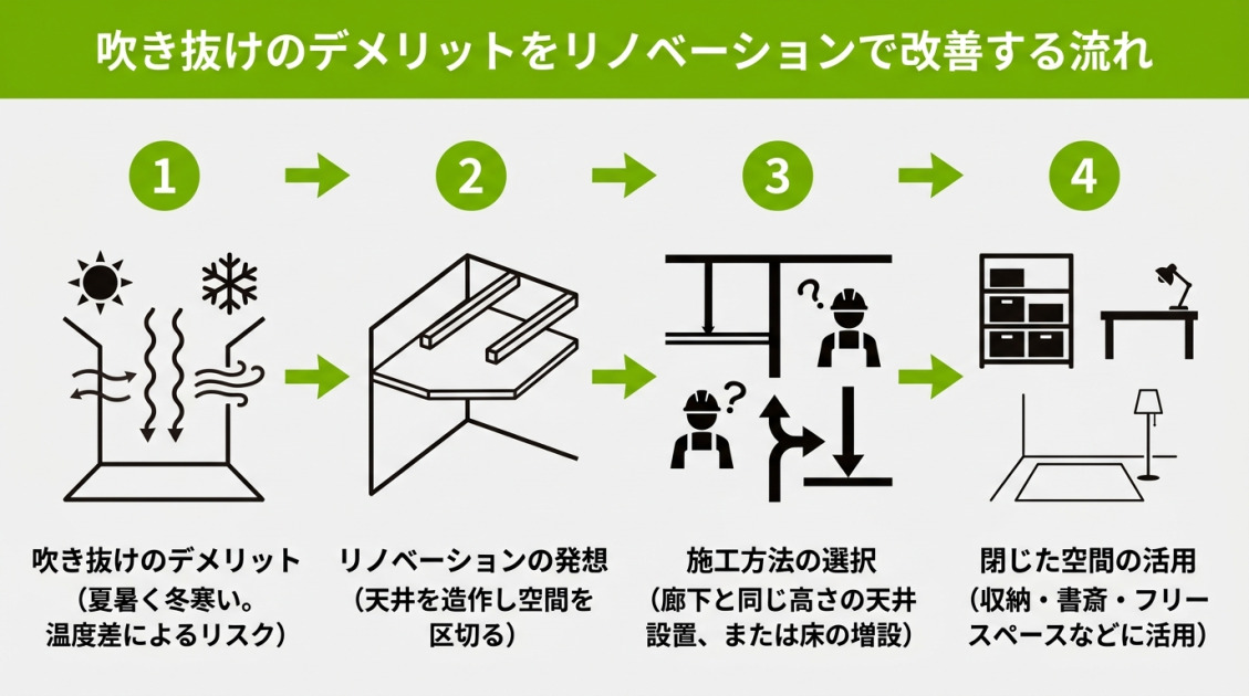 吹き抜けのデメリットをリノベーションで改善する4つのステップ（デメリットの把握、天井造作の発想、施工方法の選択、閉じた空間の活用）を説明した図解。