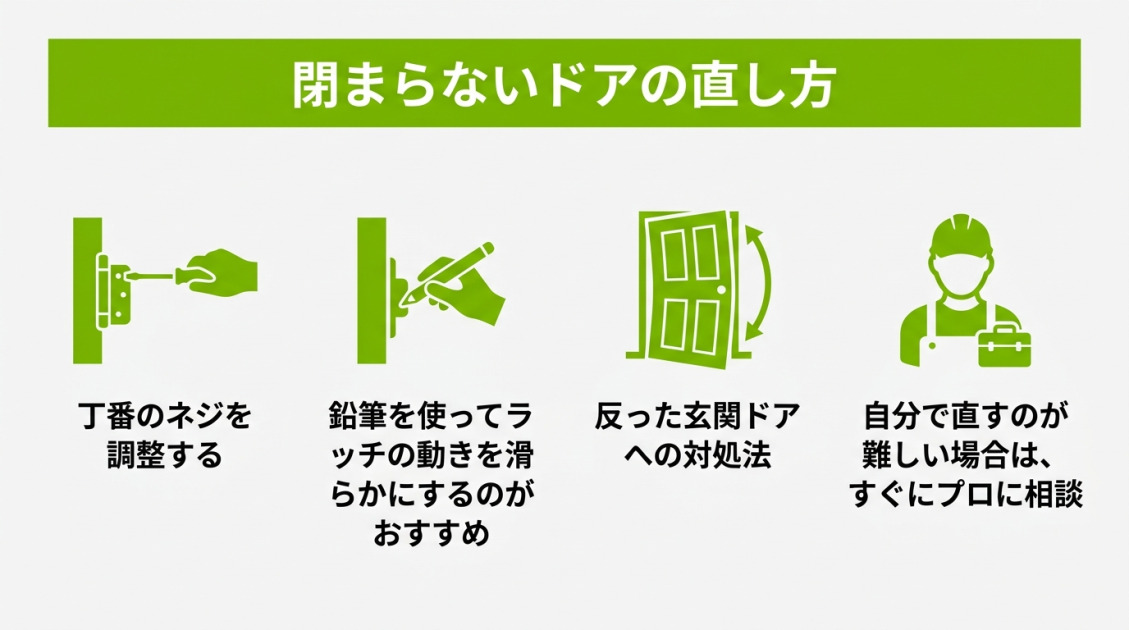 閉まらないドアの直し方の図解。丁番のネジ調整、鉛筆を使ったラッチの滑り改善、反った玄関ドアの対処法が紹介され、自分での修理が難しい場合はプロに相談するよう勧めている。