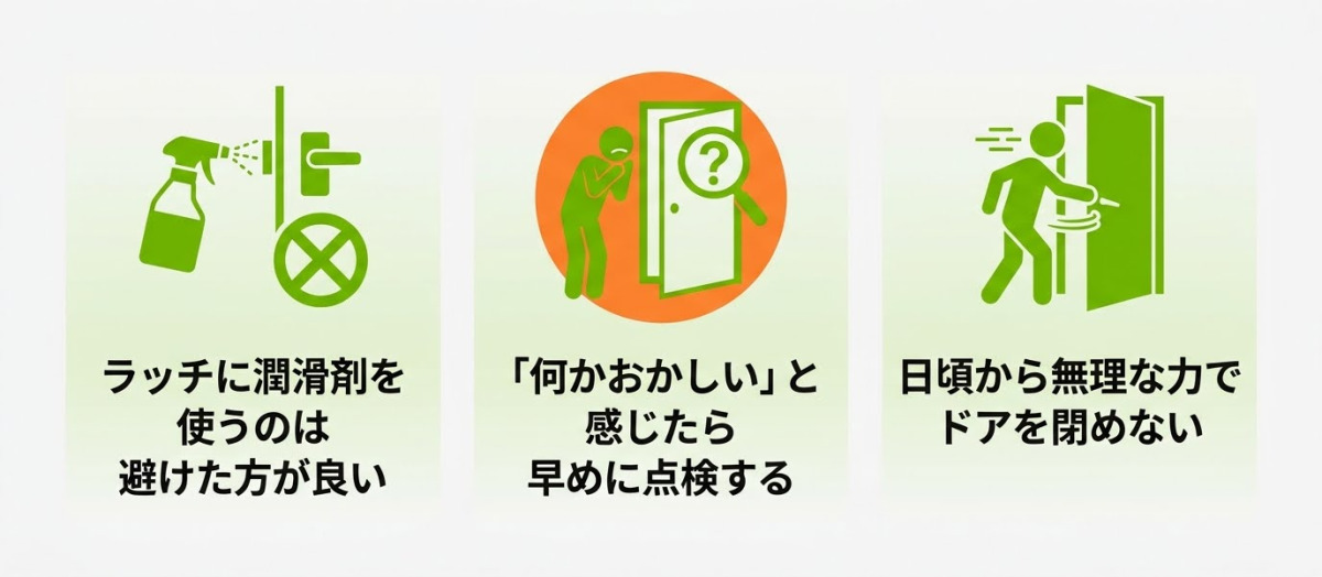 ドアの不具合に関する注意点の図解。ラッチへの潤滑剤使用を避けること、違和感があれば早めに点検すること、日頃から無理な力でドアを閉めないことがイラストで説明されている。
