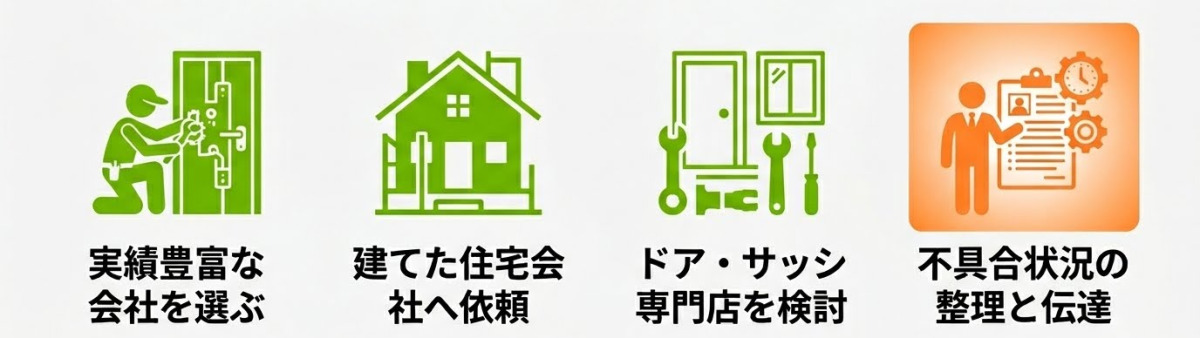 ドア修理を業者に依頼する際のポイントの図解。実績豊富な会社を選ぶ、建てた住宅会社へ依頼する、ドア・サッシ専門店を検討する、不具合状況を整理して伝えることの4点が挙げられている。