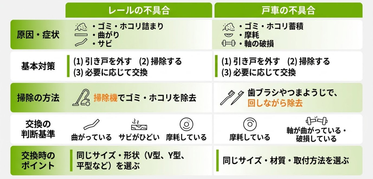 引き戸のレールと戸車の不具合に関する原因と対策の早見表。ゴミ詰まりや摩耗などの症状別に、掃除機や歯ブラシを使った掃除方法、部品交換の判断基準、交換時に同じサイズ・形状を選ぶポイントを解説している。