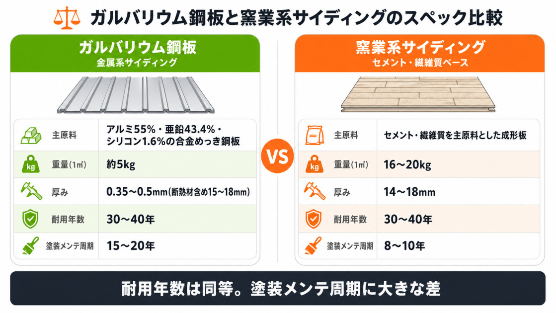 ガルバリウム鋼板と窯業系サイディングのスペック比較カード。主原料・1㎡あたり重量(約5kg/16〜20kg)・厚み・耐用年数30〜40年・塗装メンテ周期(15〜20年/8〜10年)を2列で対比。