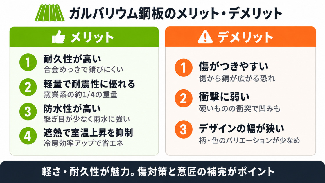 窯業系サイディングと比較されるガルバリウム鋼板のメリット4つ(耐久性・軽量で耐震性・防水性・遮熱)とデメリット3つ(傷つきやすい・衝撃に弱い・デザインの幅が狭い)を左右で対比。