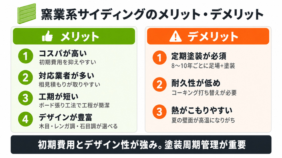 ガルバリウム鋼板と比較される窯業系サイディングのメリット4つ(コスパ・対応業者の多さ・短工期・デザイン豊富)とデメリット3つ(定期塗装必須・耐久性が低め・熱がこもりやすい)を左右で対比。