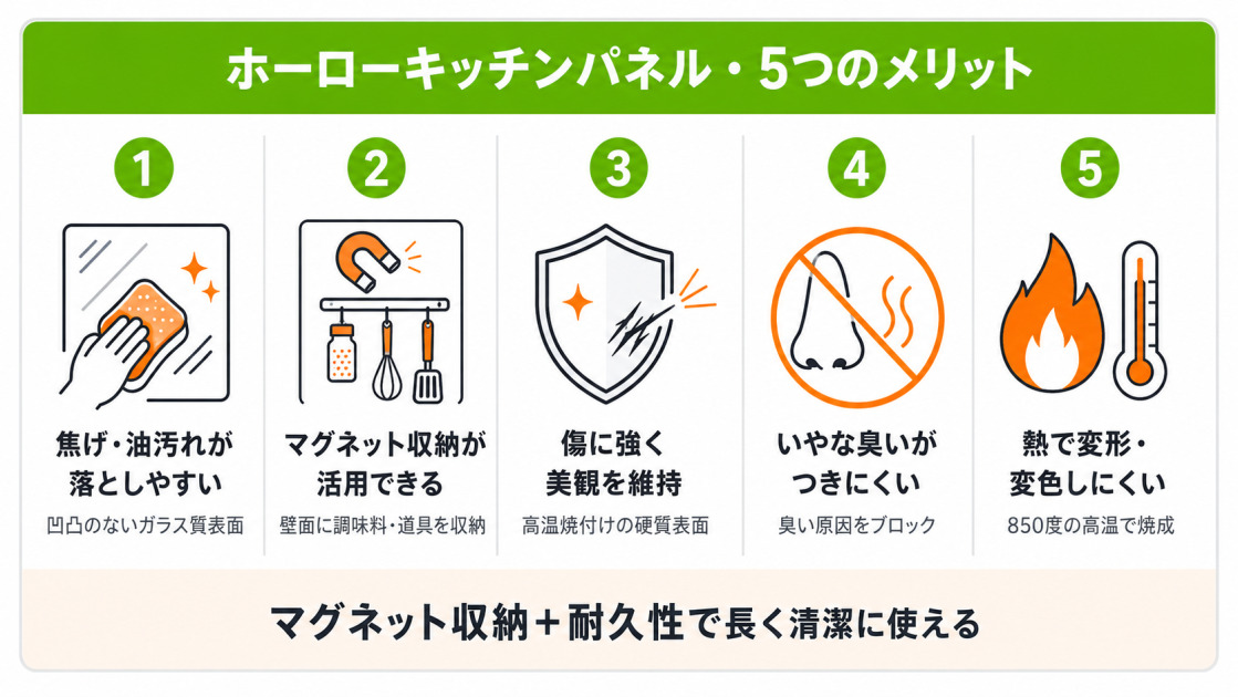 ホーローキッチンパネルの5つのメリットを並列表示。汚れの落としやすさ、マグネット収納活用、傷への強さ、臭い防止、熱変形しにくさを850度焼成の特性とともに解説。