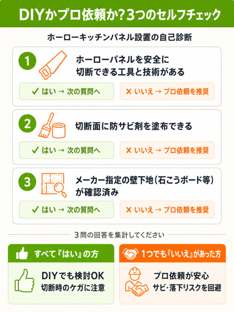 ホーローキッチンパネルをDIYで張れるか判定する3問チェックリスト。切断技術・防サビ処理・壁下地の確認の3軸で集計し、すべて『はい』ならDIY検討可、1つでも『いいえ』ならプロ依頼を推奨。