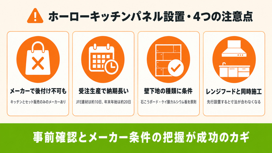 ホーローキッチンパネルを張る前に確認したい4つの注意点。メーカーによる後付け不可、約10〜20日の受注生産納期、壁下地の指定条件、レンジフードとの同時施工推奨をまとめた警告インフォグラフィック。