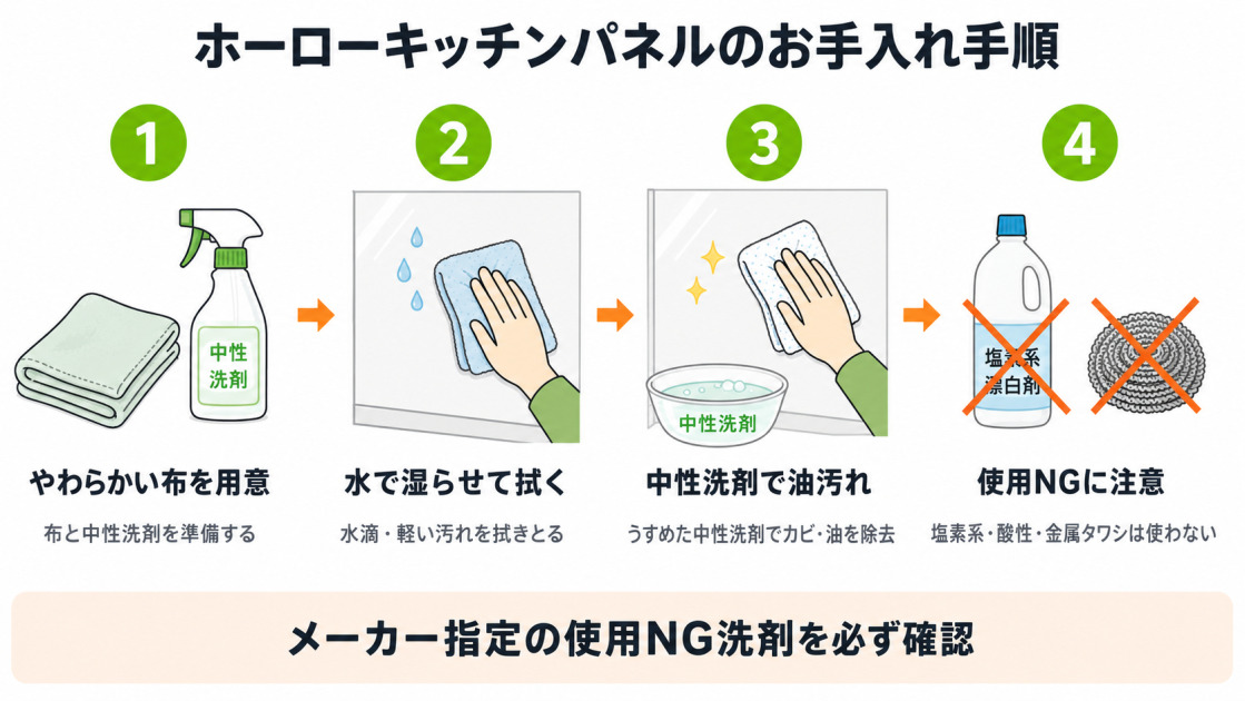 ホーローキッチンパネルのお手入れ手順4ステップ。やわらかい布を用意し、水拭き後に中性洗剤で油汚れを除去。塩素系・酸性洗剤・金属タワシは使用禁止。