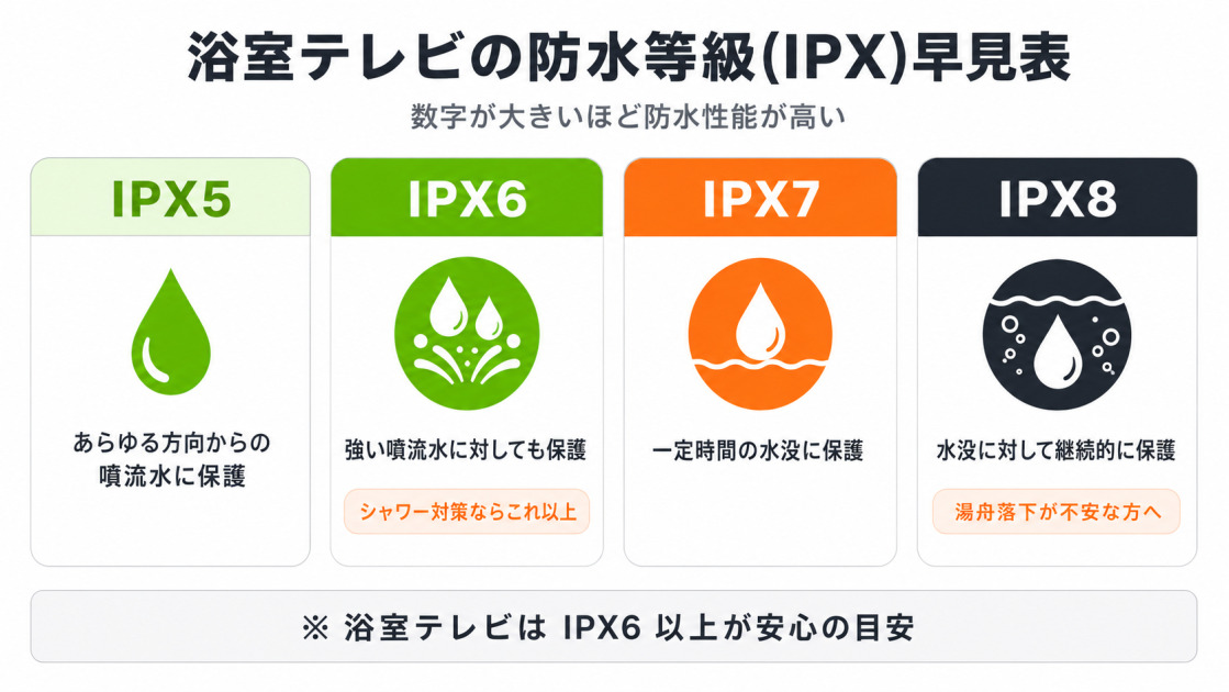 浴室テレビ選びに重要な防水等級IPX5〜IPX8の早見表。シャワー対策はIPX6以上、湯舟落下対策ならIPX7以上が目安。