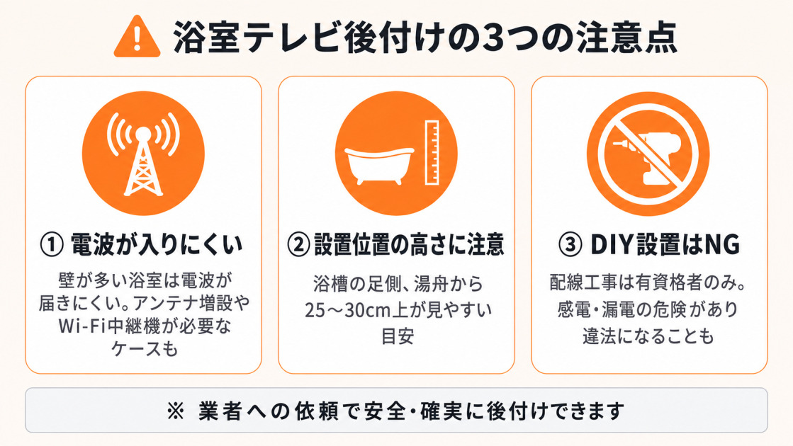 浴室テレビ後付け時の3つの注意点。電波が入りにくい・浴槽から25〜30cm上が見やすい・DIY設置は不可をインフォで解説。