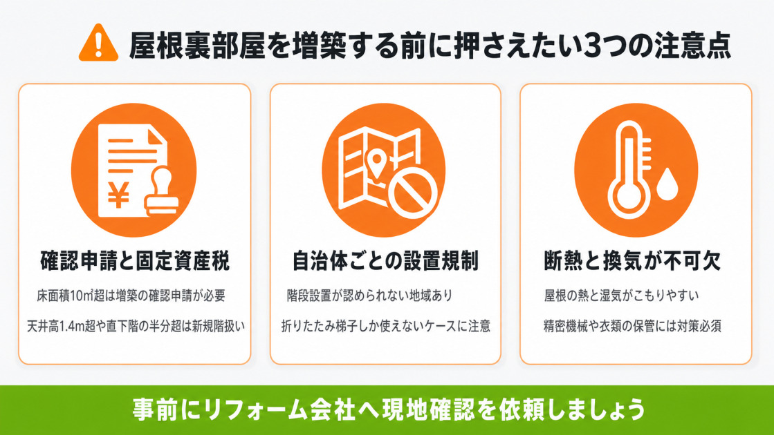 屋根裏部屋増築前に確認したい3つの注意点。床面積10㎡超は確認申請が必要、自治体によっては折りたたみ梯子のみ設置可、屋根からの熱や湿気対策に断熱と換気が不可欠。