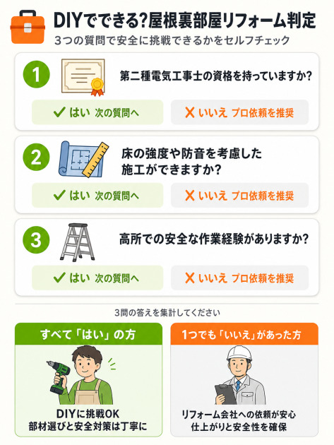 屋根裏部屋増築のDIY可否を判定する3問のチェックリスト。電気工事士資格・床強度設計・高所作業経験の3つの質問に答え、すべて「はい」ならDIY、1つでも「いいえ」ならプロ依頼を推奨。