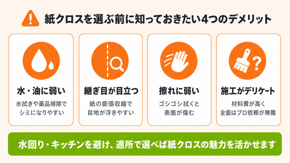 紙クロスのデメリット4つを示す注意点インフォ。水・油に弱い、継ぎ目が目立つ、擦れに弱い、施工がデリケートの4項目をアイコン付きで解説。