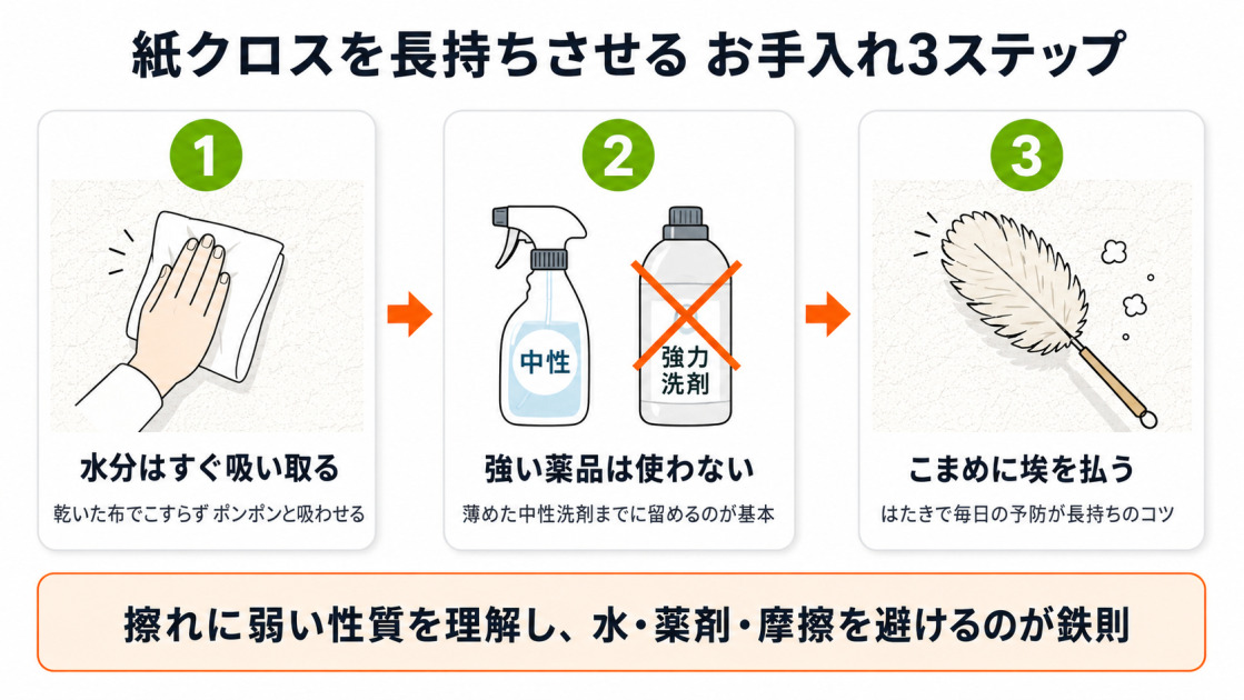 紙クロスの日常お手入れ3ステップ。水分は乾いた布で吸い取る、強い薬品を避け中性洗剤までに、こまめに埃を払う、の手順を紙クロスのデメリット対策として図解。
