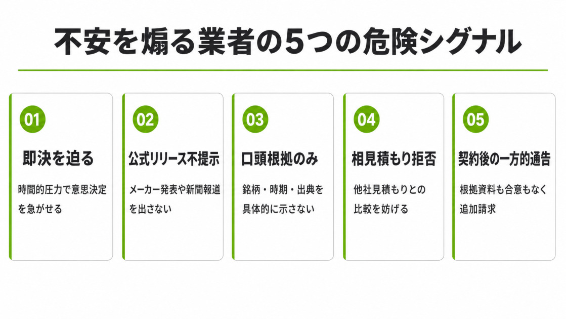 即決を迫る/公式リリース不提示/口頭根拠のみ/相見積もり拒否/契約後の一方的通告の業者の危険シグナル5項目を並べた図解