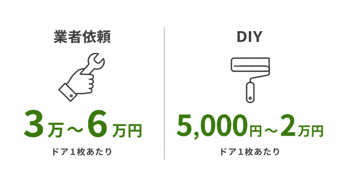 室内ドアのシート張替え費用を業者依頼3万〜6万円、DIY5,000円〜2万円とドア1枚あたりの相場で比較した図解