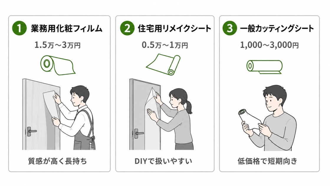室内ドアシート張替えに使う3種類のシートを業務用化粧フィルム・住宅用リメイクシート・一般カッティングシートに分け、価格と特徴を比較した図解。