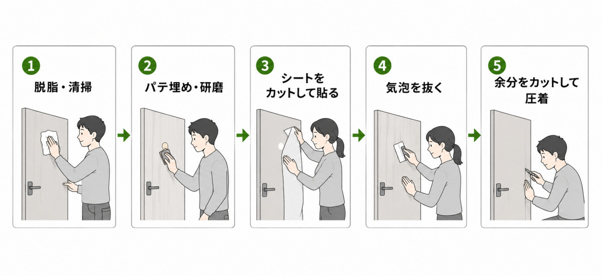 室内ドアのシート張替えをDIYで行う手順を、脱脂・パテ埋め・カットと貼り付け・気泡抜き・仕上げの5ステップで示した図解。