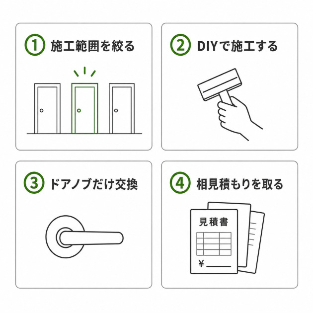 室内ドアシート張替えの費用を抑える4つのコツを、施工範囲を絞る・DIY施工・ドアノブ交換・相見積もりに整理した図解。
