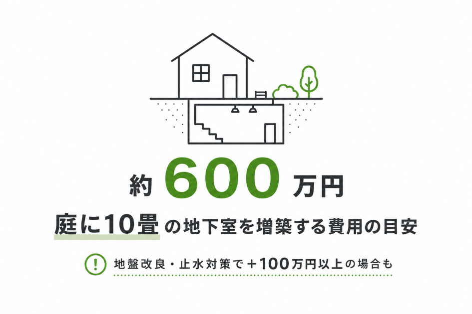 庭に10畳の地下室を増築する費用の目安が約600万円であることを示す図解。地盤改良や止水対策で100万円以上の追加もある。