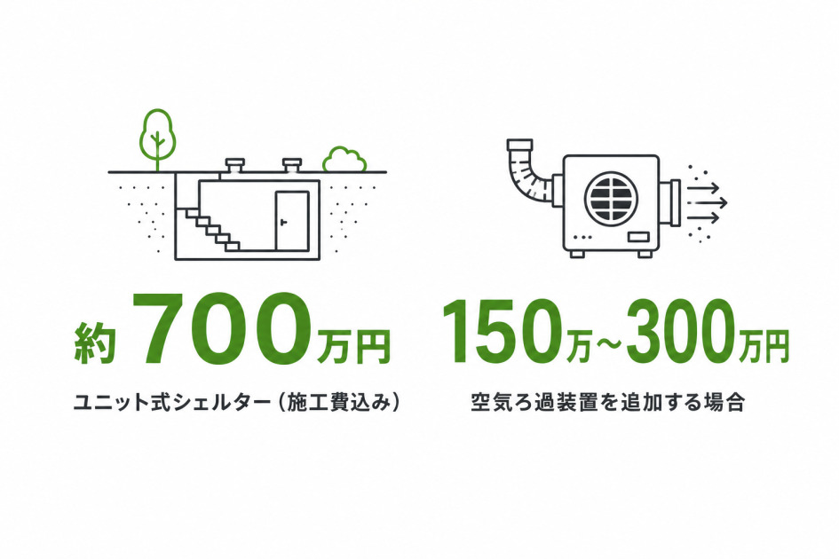 地下室をシェルターとして増築する場合の費用の図解。ユニット式シェルターは約700万円、空気ろ過装置の追加は150万〜300万円。
