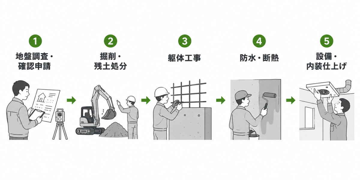 庭に地下室を増築する工事の流れの図解。地盤調査・確認申請から掘削・残土処分、躯体工事、防水・断熱、設備・内装までの5ステップ。