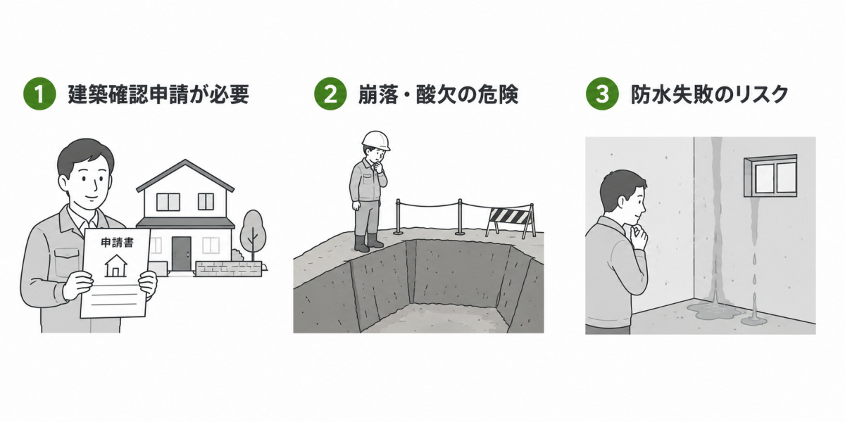 地下室の増築をDIYで行うのが現実的でない理由の図解。建築確認申請の必要性、崩落・酸欠の危険、防水失敗のリスクの3点を示す。